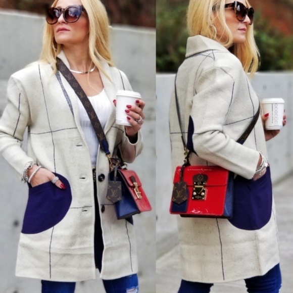 GRID Print Coat Blue Pocket Detail Warm Quality - Picture 1 of 4